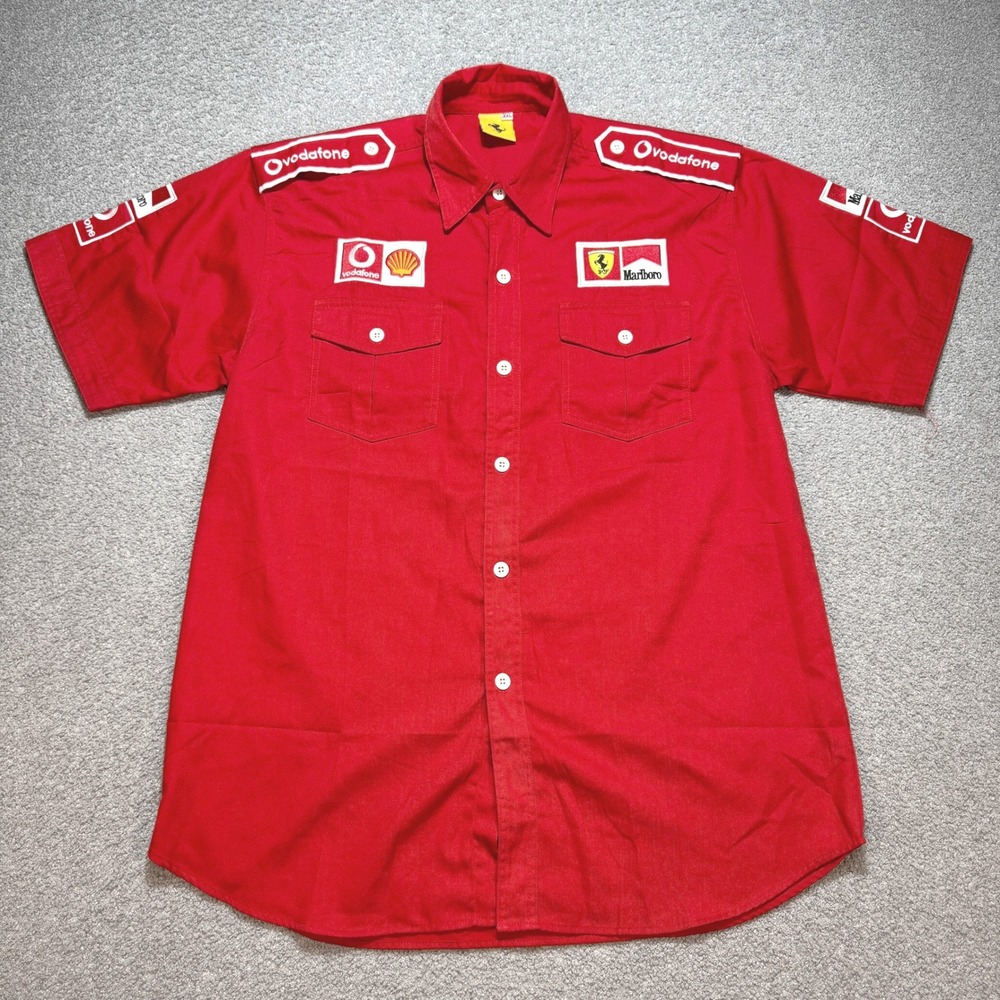 Vintage Ferrari Racing Shirt Men's 2XL Red Button Down Vodafone Marlboro Shell
